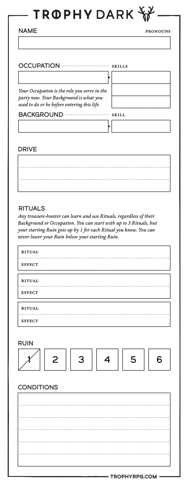 Fig. 10: The column-based layout of the official Trophy Dark character sheet.