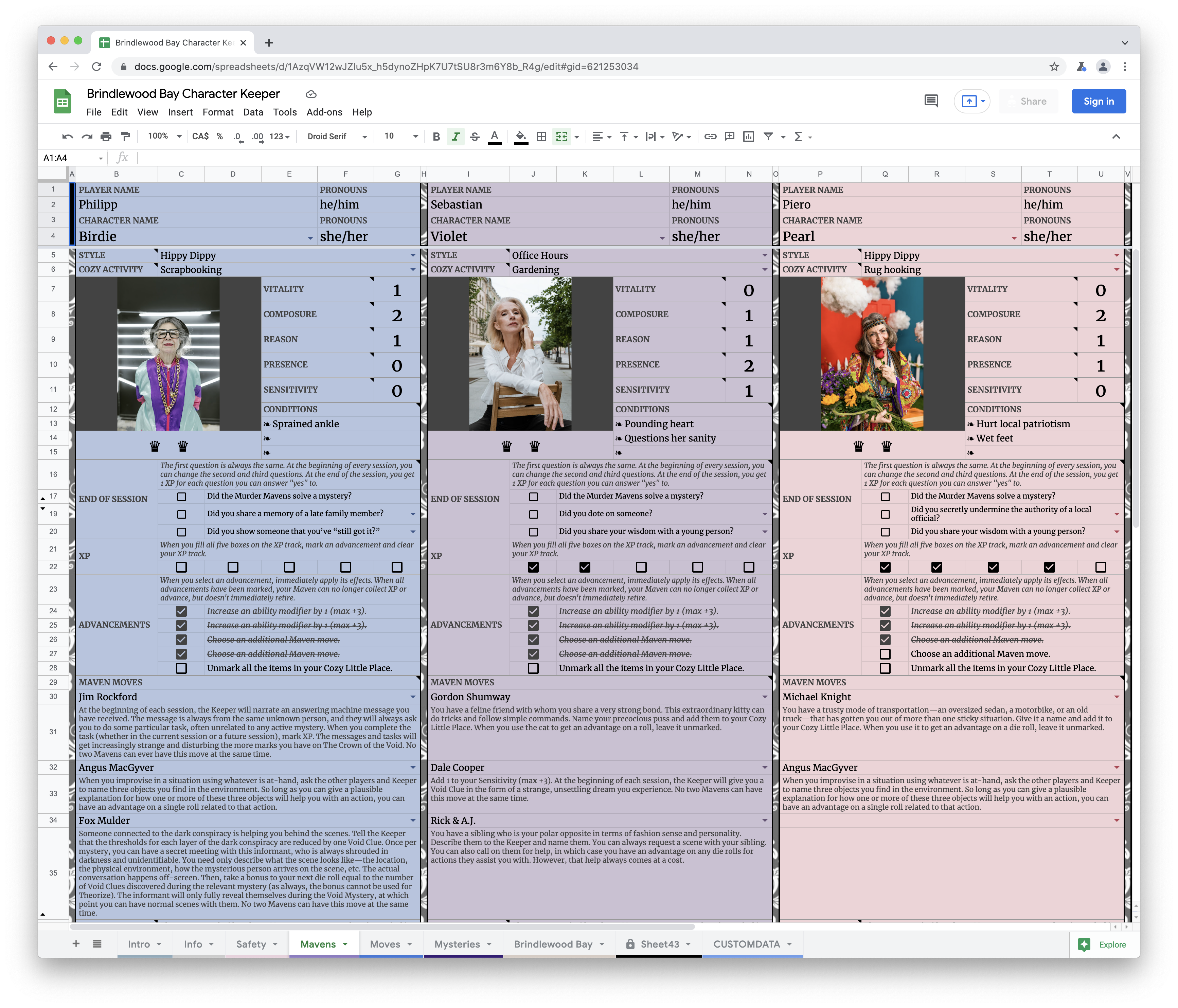 Fig. 1: Screenshots of a relatively simple 2013 character keeper (empty) for Dungeon World (LaTorra and Koebel 2012) and a highly complex 2021 keeper (in use) for Brindlewood Bay (Cordova 2020) (character images from Pexels.com, free to use). 